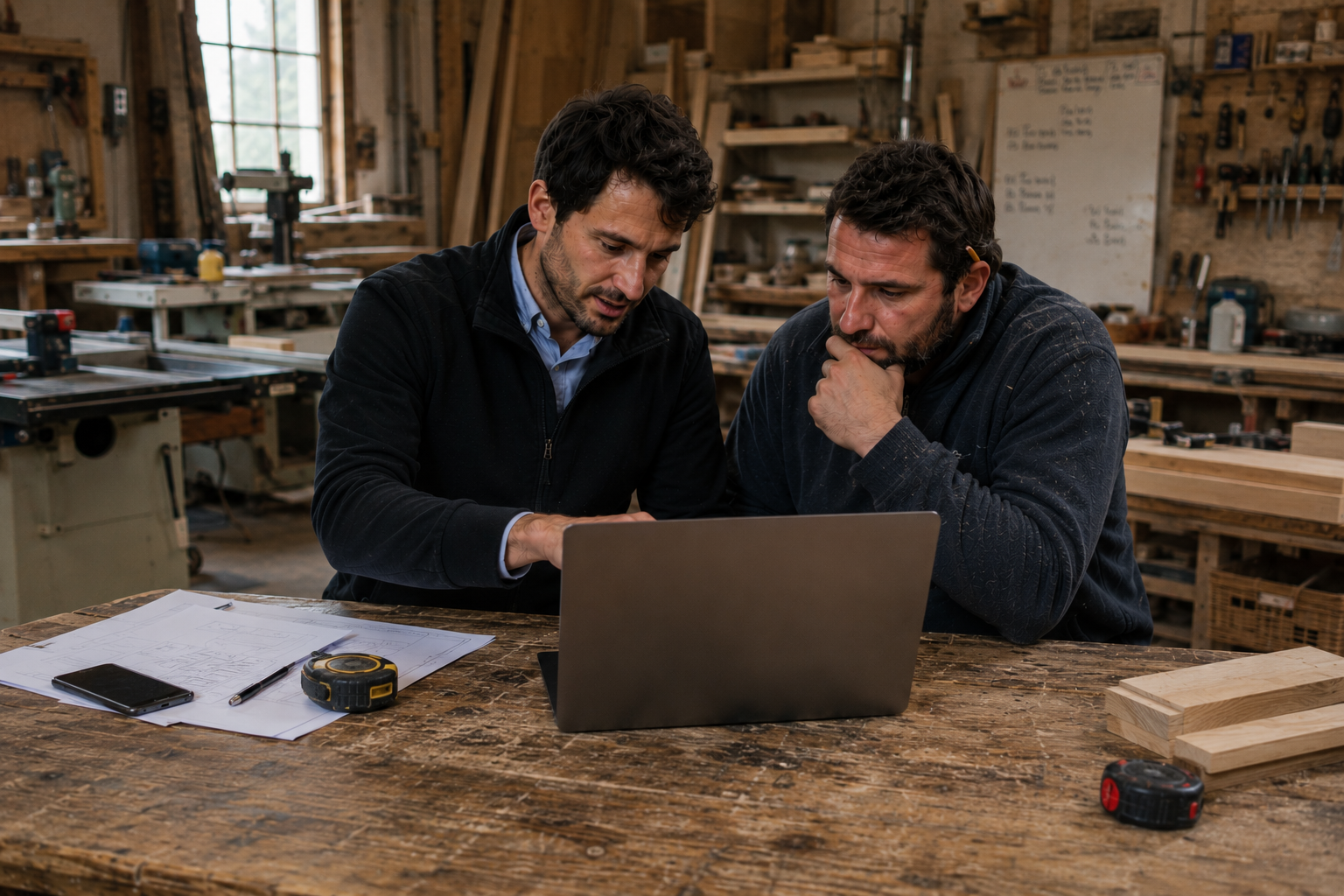 Un consultant SEIGOS et un menuisier devant l'ordinateur, dans l'atelier