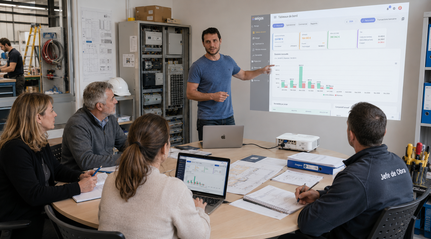Présentation du tableau de bord SEIGOS projeté dans un atelier d'électricité